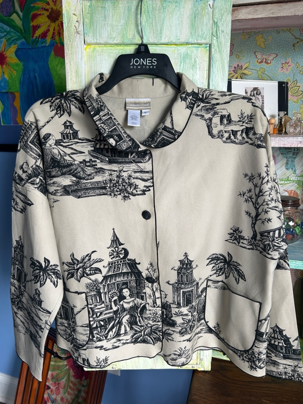 Soft Surroundings Cream Jacket with Black Toile Print